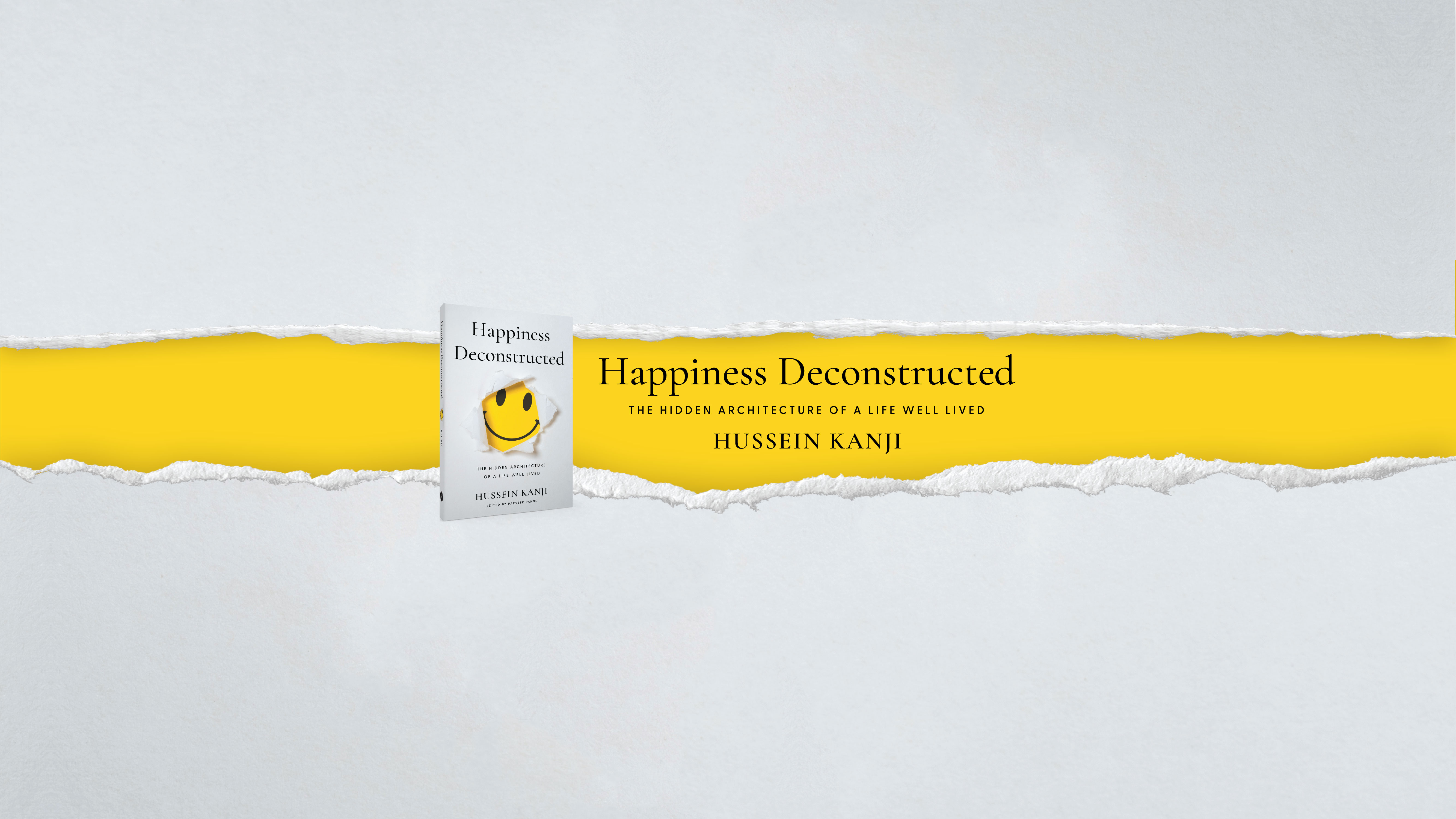 Happiness Deconstructed title banner with torn yellow paper and book cover